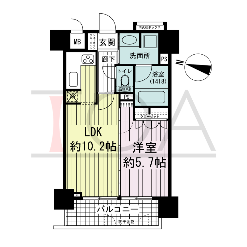 リーガル神戸下山手の間取り図 西向き住戸
1LDK 専有面積　40.50m2
バルコニー面積　5.98m2