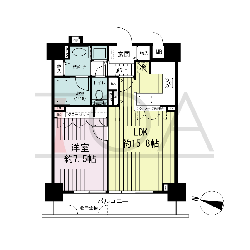 リーガル神戸下山手の間取り図 西向き住戸
1LDK 専有面積　54.27m2
バルコニー面積　8.71m2