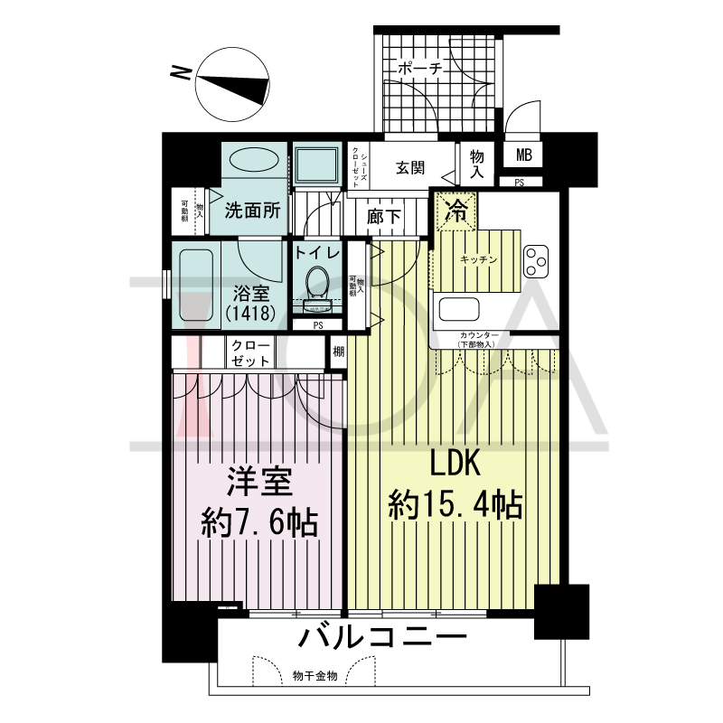 リーガル神戸下山手の間取り図 西向き角住戸
1LDK 専有面積　54.27m2
バルコニー面積　7.73m2