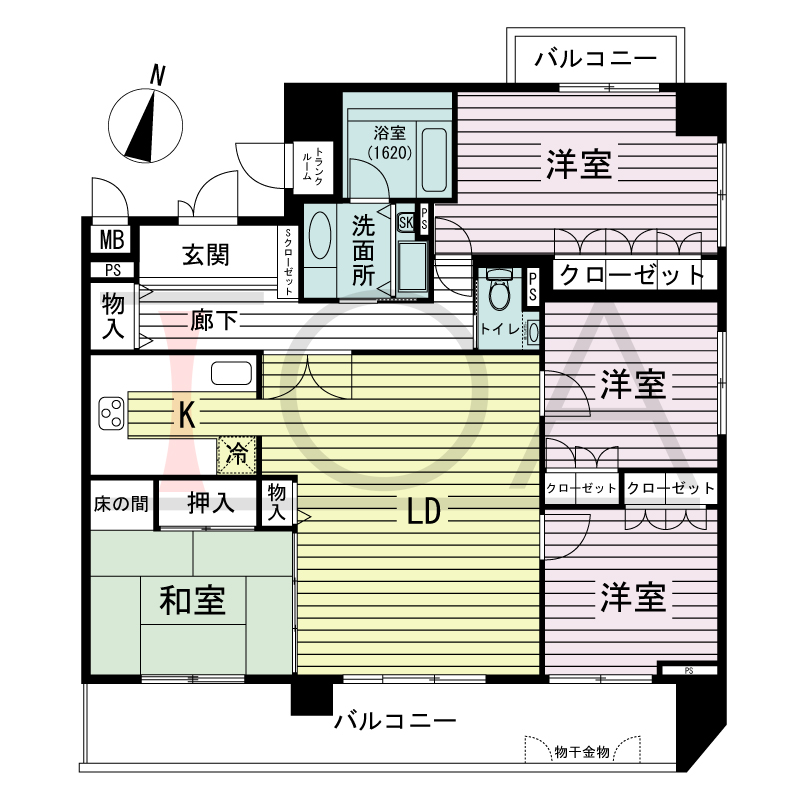 リーガル神戸下山手の間取り図 南向き角住戸
4LDK 専有面積　113.29m2
バルコニー面積　19.81m2