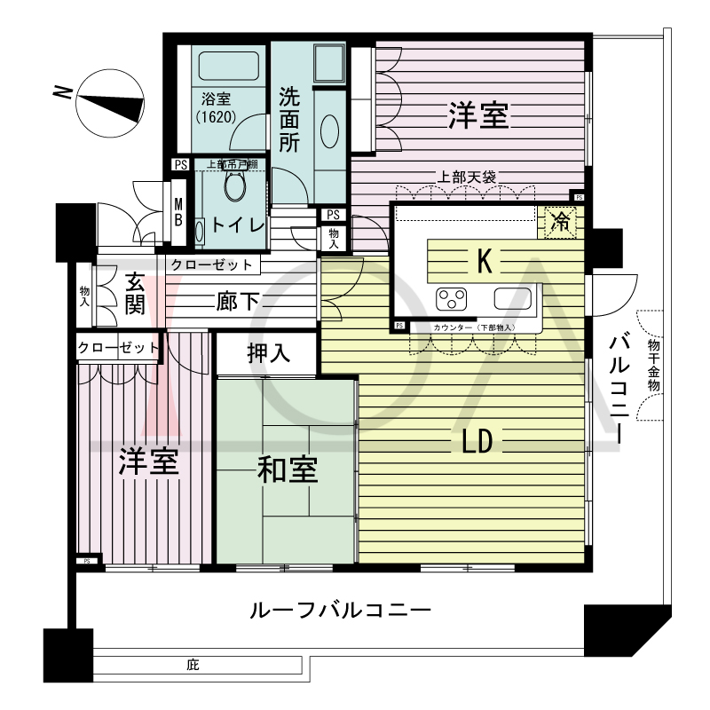 リーガル神戸下山手の間取り図 南東・西向き住戸
3LDK 専有面積　93.10m2
バルコニー面積　17.82m2