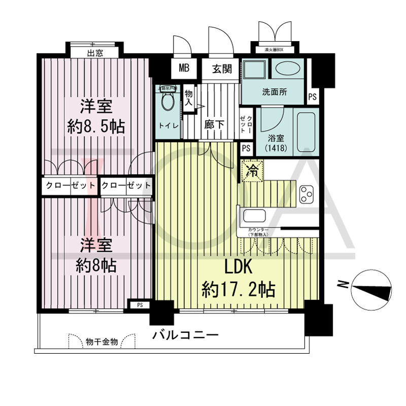 リーガル神戸下山手の間取り図 西向き住戸
2LDK 専有面積　72.71m2
バルコニー面積　11.06m2