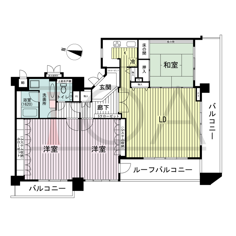 リーガル神戸下山手の間取り図 南・西向き住戸
3LDK 専有面積　133.26m2
バルコニー面積　25.74m2