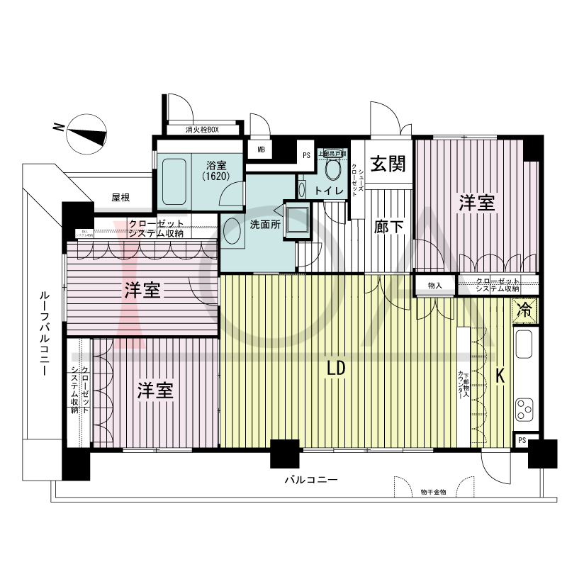 リーガル神戸下山手の間取り図 西・北角住戸
3LDK 専有面積　95.84m2
バルコニー面積　16.44m2