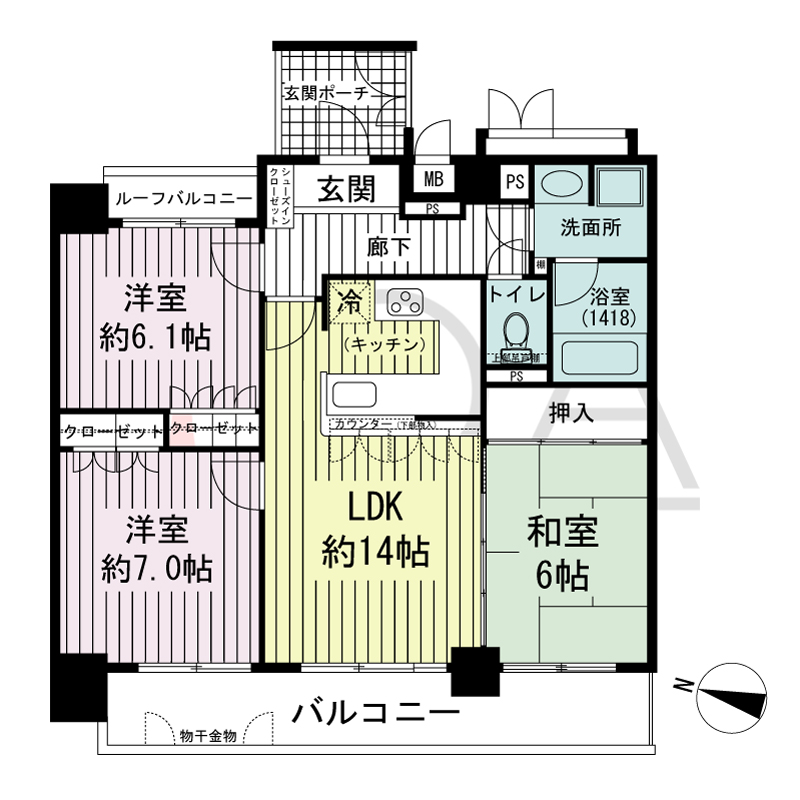 リーガル神戸下山手の間取り図 西向き住戸
3LDK 専有面積　73.65m2
バルコニー面積　11.37m2
