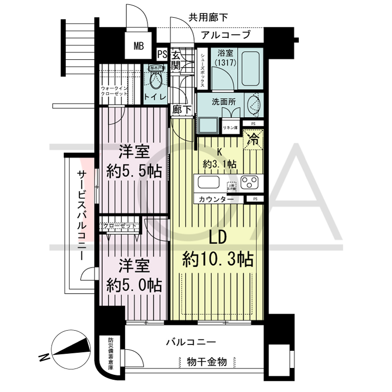 ラシュレ神戸三宮の間取り図 西向き角住戸
2LDK 専有面積54.57m2
バルコニー面積8.07m2