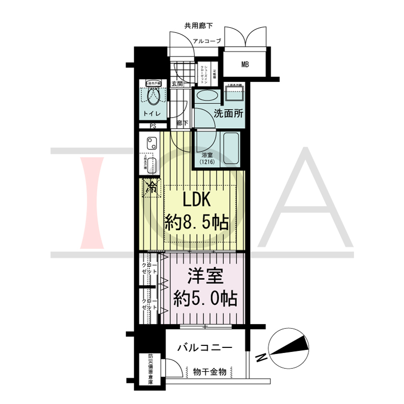 ラシュレ神戸三宮の間取り図 西向き住戸
1LDK 専有面積 37.12m2
バルコニー面積 5.86m2