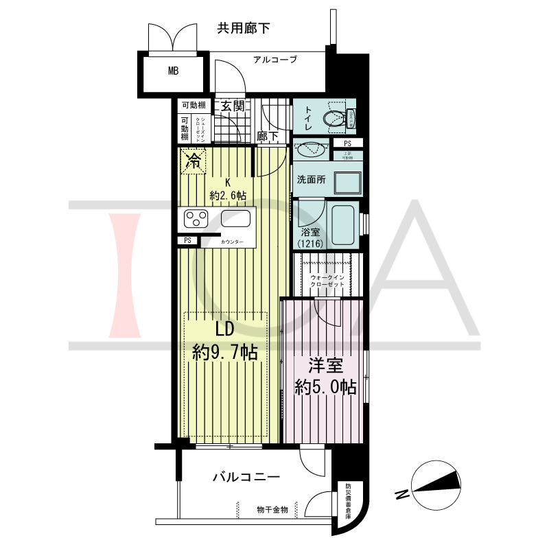 ラシュレ神戸三宮の間取り図 西向き住戸
1LDK 専有面積 43.09m2
バルコニー面積 7.28m2