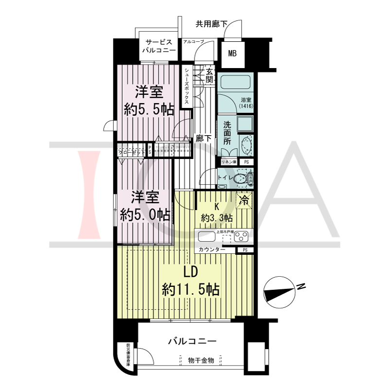 ラシュレ神戸三宮の間取り図 東向き角住戸
2LDK 専有面積 59.27m2
バルコニー面積 8.34m2