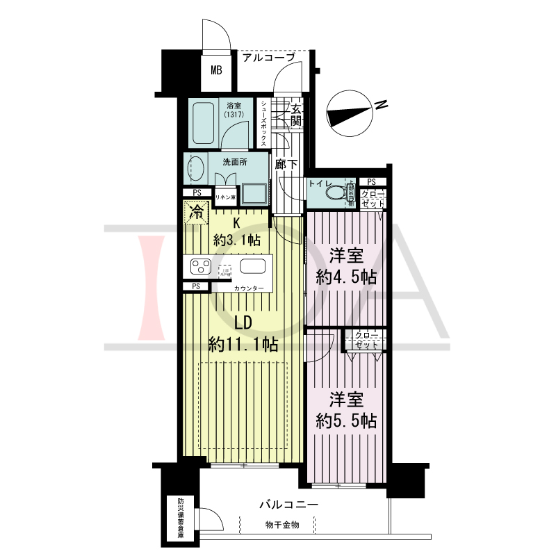 ラシュレ神戸三宮の間取り図 東向き住戸
2LDK 専有面積 55.43m2
バルコニー面積 8.69m2