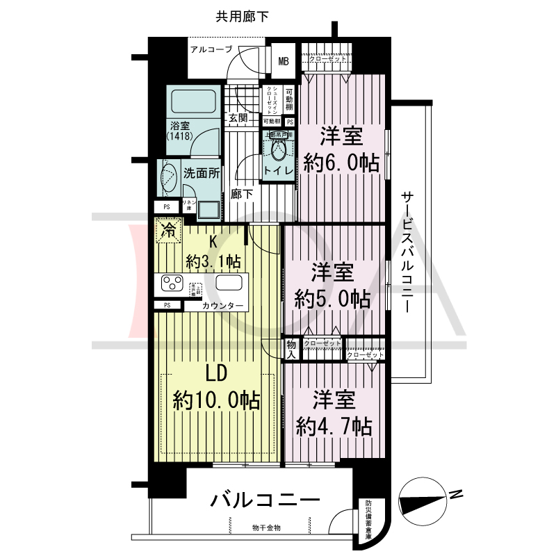 ラシュレ神戸三宮の間取り図 東向き角住戸
3LDK 専有面積 66.38m2
バルコニー面積 10.19m2