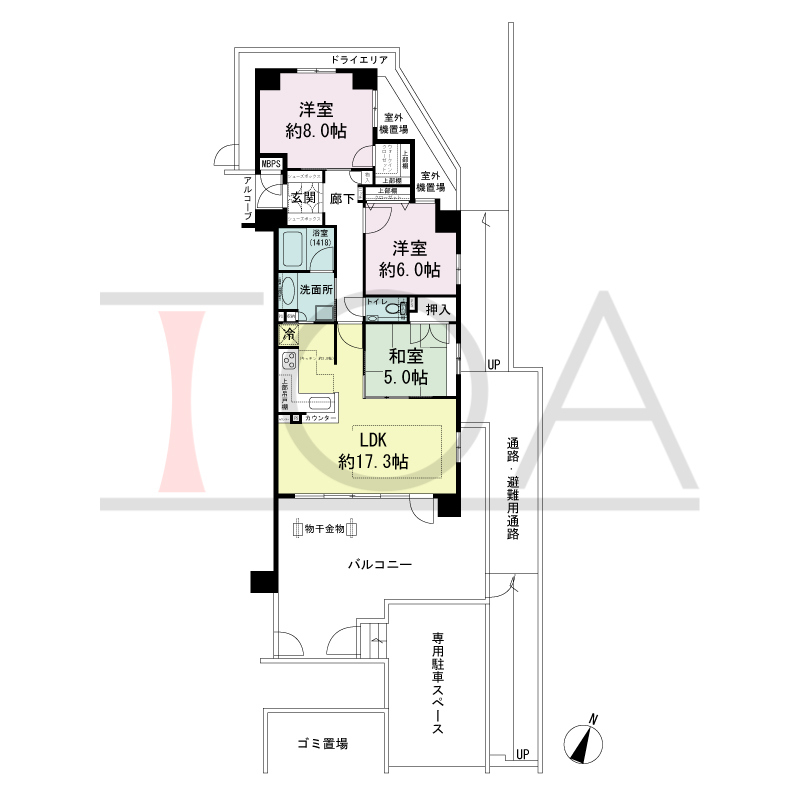 ワコーレ新神戸ステーションリブリエの間取り図 南向き角住戸
3LDK 専有面積　80.04m2
バルコニー面積　32.82m2