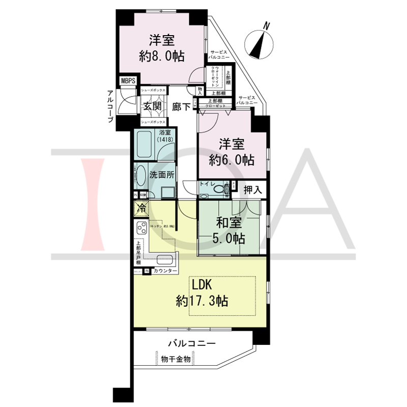 ワコーレ新神戸ステーションリブリエの間取り図 南向き角住戸
3LDK　専有面積　80.04m2
バルコニー面積　8.28m2