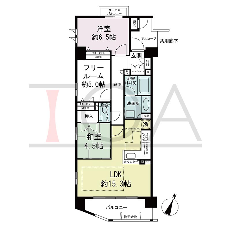 ワコーレ新神戸ステーションリブリエの間取り図 南向き角住戸
2LDK＋F 専有面積　71.40m2
バルコニー面積　7.21m2