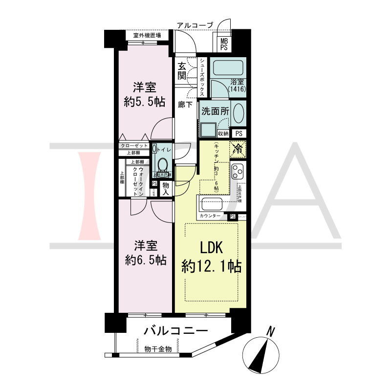 ワコーレ新神戸ステーションリブリエの間取り図 南向き住戸
2LDK 専有面積　55.31m2
バルコニー面積　6.73m2