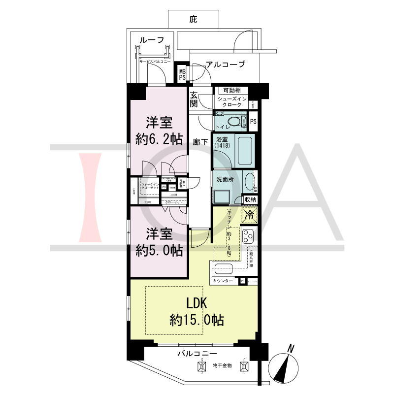 ワコーレ新神戸ステーションリブリエの間取り図 南向き角住戸
2LDK　専有面積　62.16m2
バルコニー面積　7.21m2