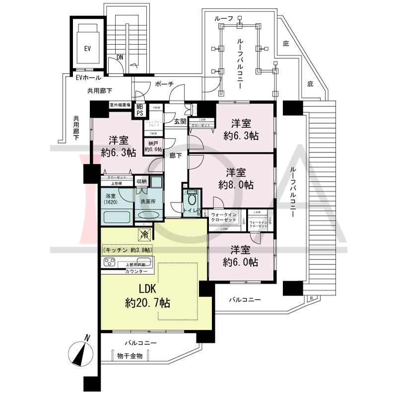 ワコーレ新神戸ステーションリブリエの間取り図 南・東・北向き角住戸
4LDK＋N 専有面積　104.29m2
バルコニー面積　15.50m2
