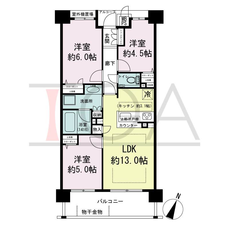 ワコーレ新神戸ステーションリブリエの間取り図 南向き住戸
3LDK 専有面積　61.13m2
バルコニー面積　9.28m2