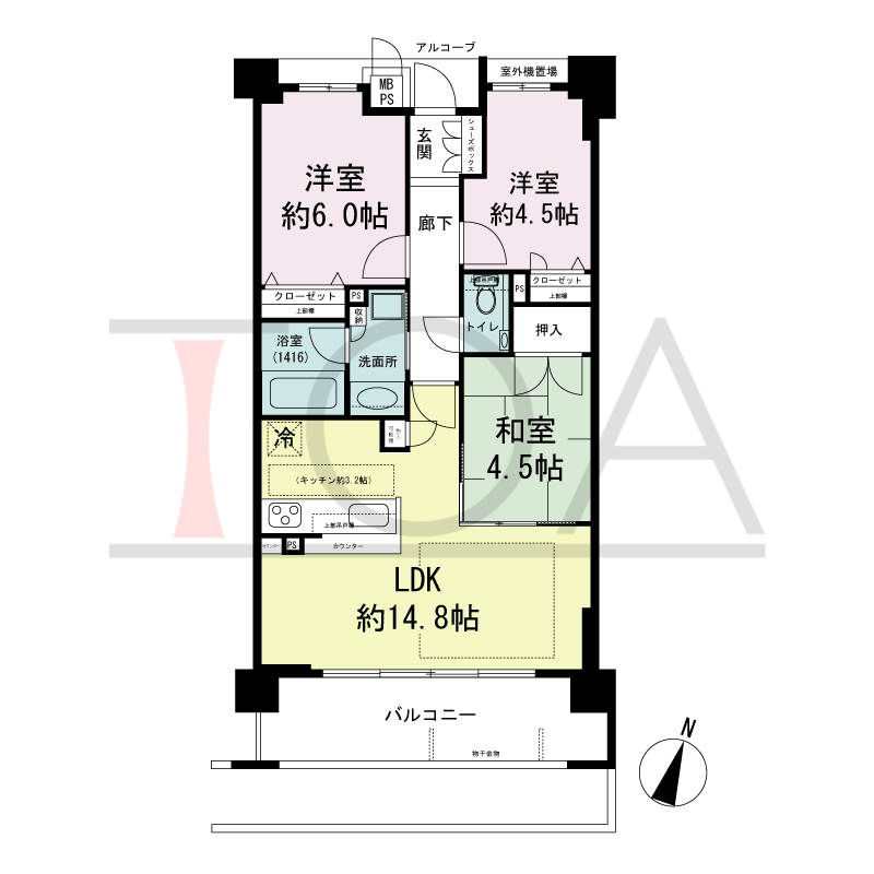 ワコーレ新神戸ステーションリブリエの間取り図 南向き住戸
3LDK 専有面積　63.81m2
バルコニー面積　9.68m2