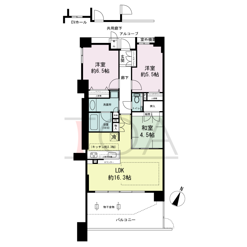 ワコーレ新神戸ステーションリブリエの間取り図 南向き住戸
3LDK 専有面積　70.81m2
バルコニー面積　16.95m2