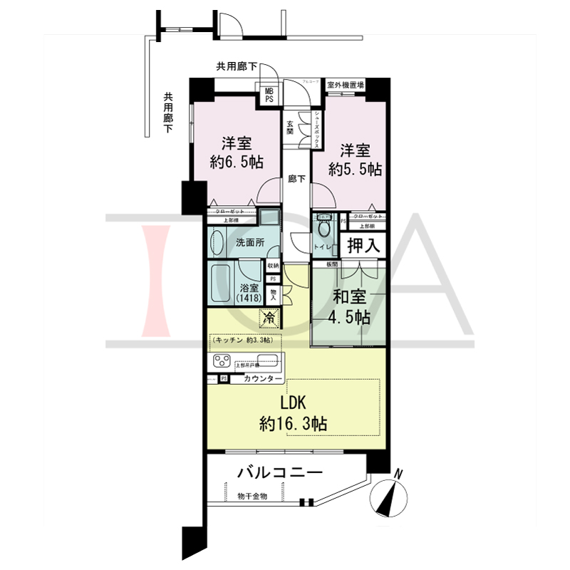 ワコーレ新神戸ステーションリブリエの間取り図 南向き住戸
3LDK 専有面積　70.81m2
バルコニー面積　7.96m2