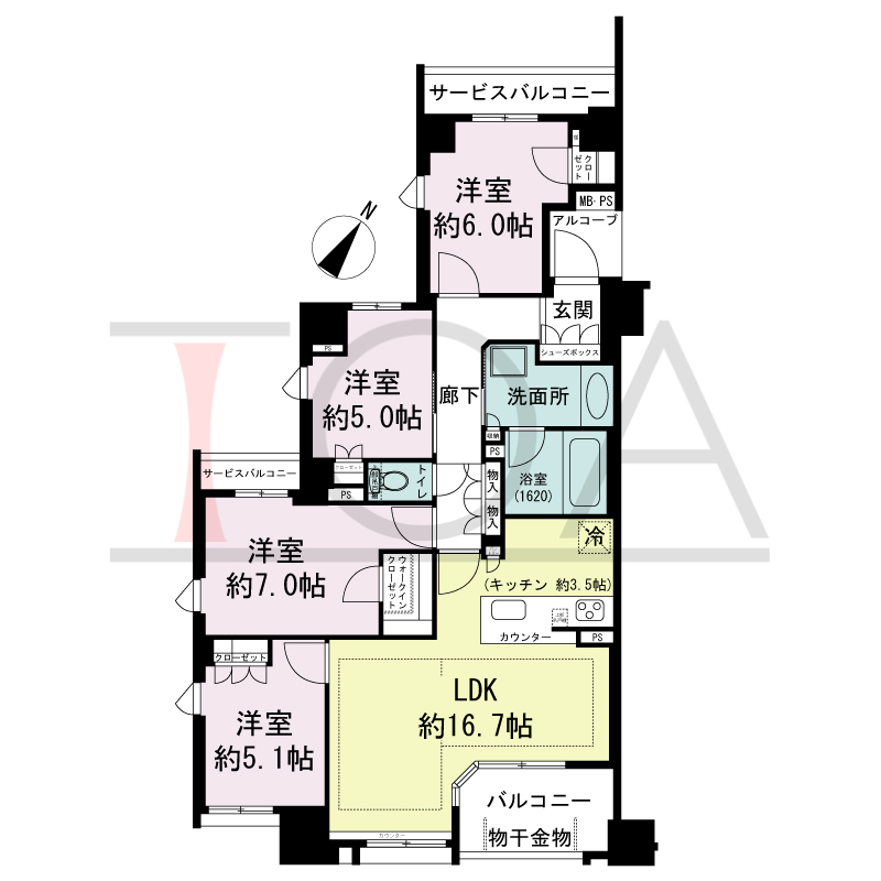 ワコーレ神戸山本通ベルヴェツィオの間取り図 南東向き角住戸
4LDK 専有面積　89.54m2
バルコニー面積　5.71m2