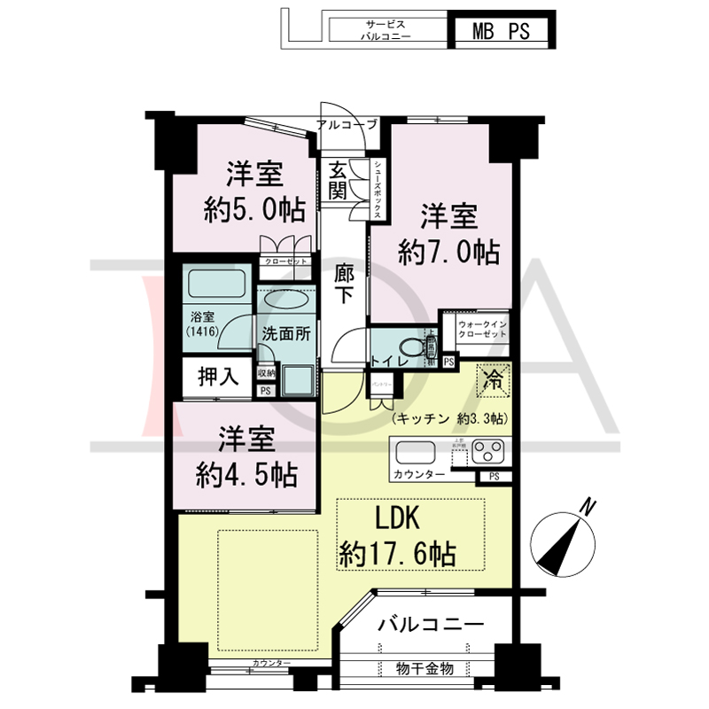 ワコーレ神戸山本通ベルヴェツィオの間取り図 南東向き住戸
3LDK 専有面積　73.06m2
バルコニー面積　6.34m2