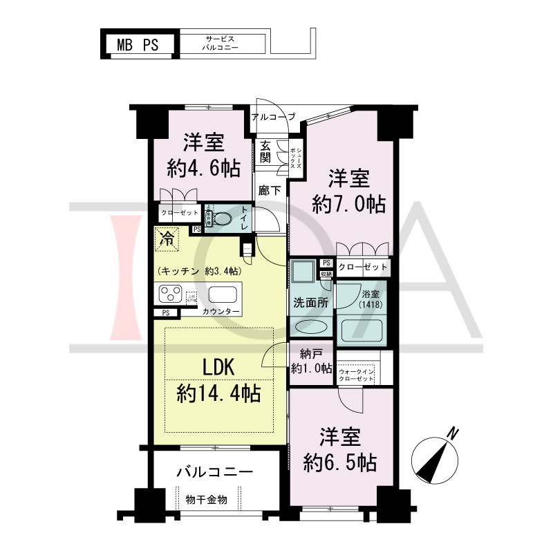 ワコーレ神戸山本通ベルヴェツィオの間取り図 南東向き住戸　
3LDK＋N　専有面積　70.35m2
バルコニー面積　6.66m2