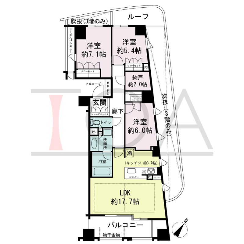 ワコーレ神戸山本通ベルヴェツィオの間取り図 南東向き角住戸
3LDK＋N 専有面積　87.02m2
バルコニー面積　10.68m2