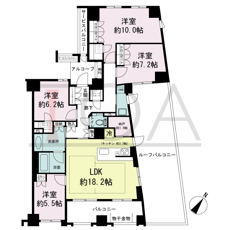 ワコーレ神戸山本通ベルヴェツィオの間取り図 南東・北東向き角住戸
4LDK＋Ｎ＋Ｕ　専有面積　114.36m2
バルコニー面積　10.94m2
