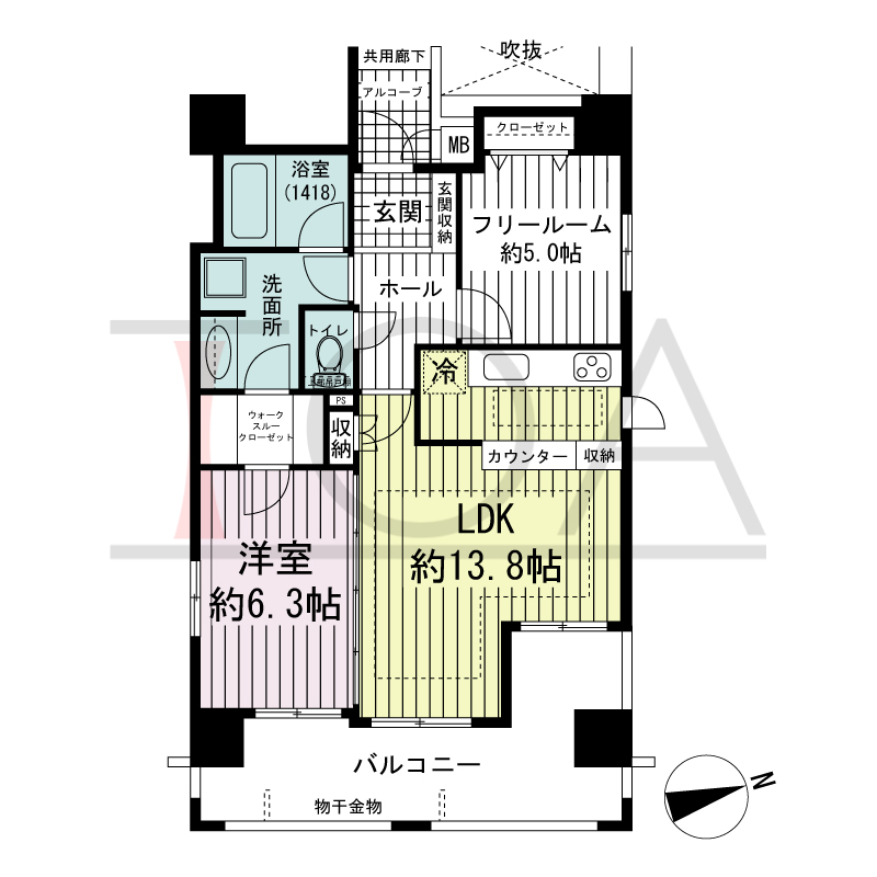 リベール北野シティタワーの間取り図 東向き角住戸
1LDK+F 専有面積 60.11m2
バルコニー面積 14.14m2