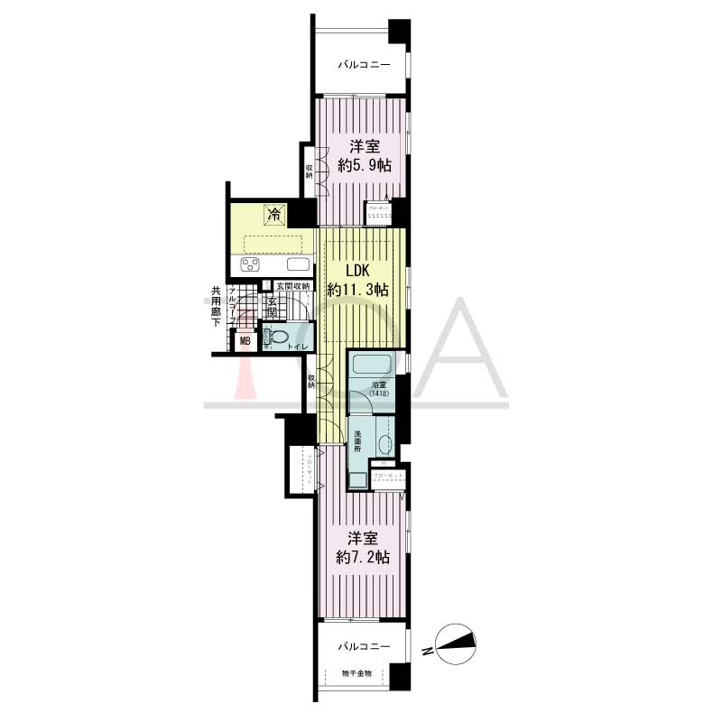 リベール北野シティタワーの間取り図 東向き角住戸
1LDK+F 専有面積 60.11m2
バルコニー面積 14.14m2