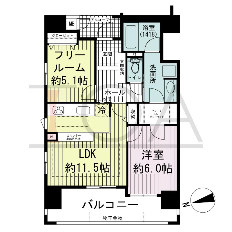 リベール北野シティタワーの間取り図 西向き住戸
1LDK+F 専有面積 56.81m2
バルコニー面積 11.55m2