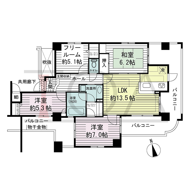 リベール北野シティタワーの間取り図 南・東向き住戸
3LDK+F 専有面積 81.73m2
バルコニー面積 31.01m2