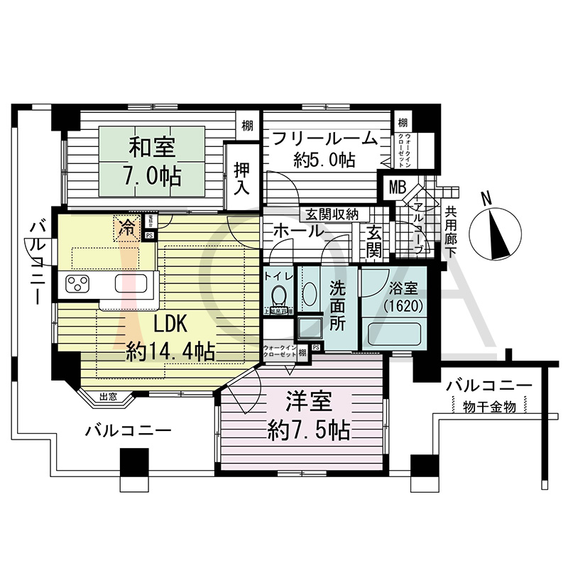 リベール北野シティタワーの間取り図 南・西向き住戸
2LDK+F 専有面積 75.07m2
バルコニー面積 25.17m2