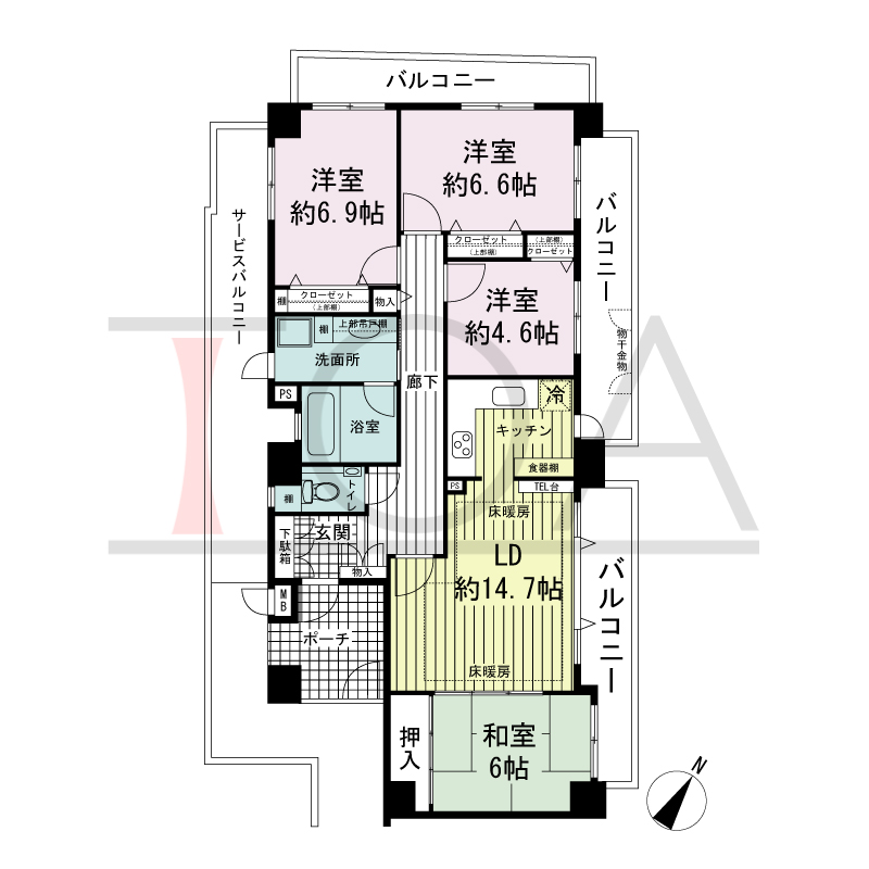 ワコーレアーバンヴュー熊内の間取り図 北東・西向き角住戸
4LDK 専有面積　92.29m2
バルコニー面積　20.72m2
ルーフバルコニー面積　10.50m2