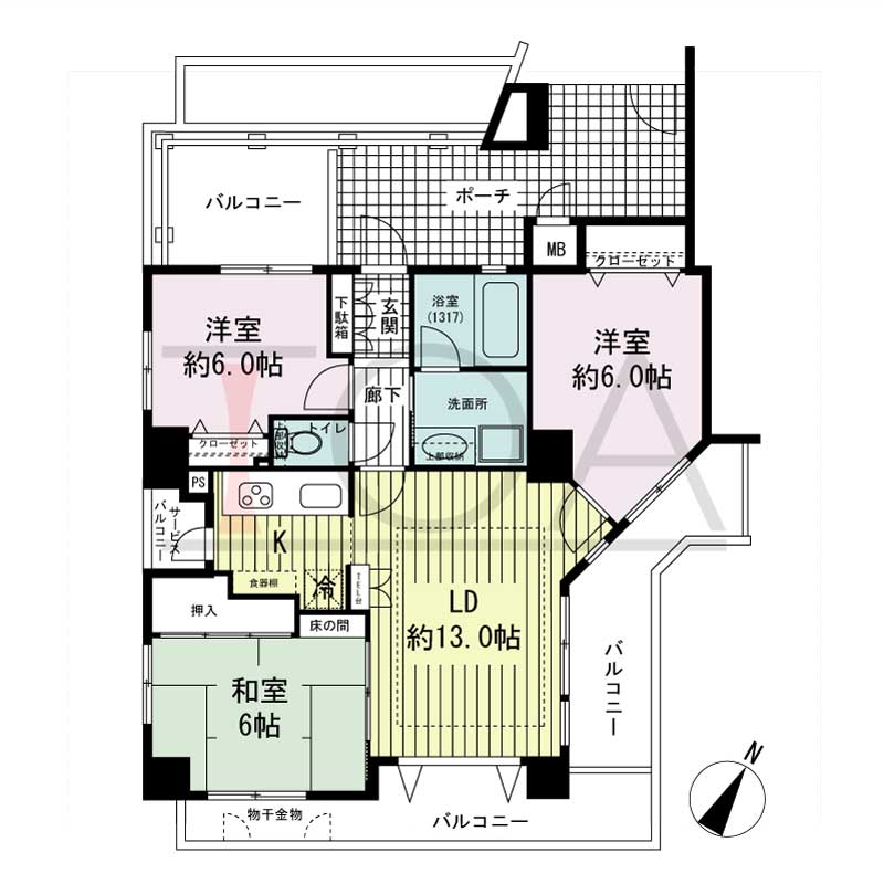 ワコーレアーバンヴュー熊内の間取り図 南・東向き角住戸
3LDK 専有面積　66.69m2
バルコニー面積　18.13m2