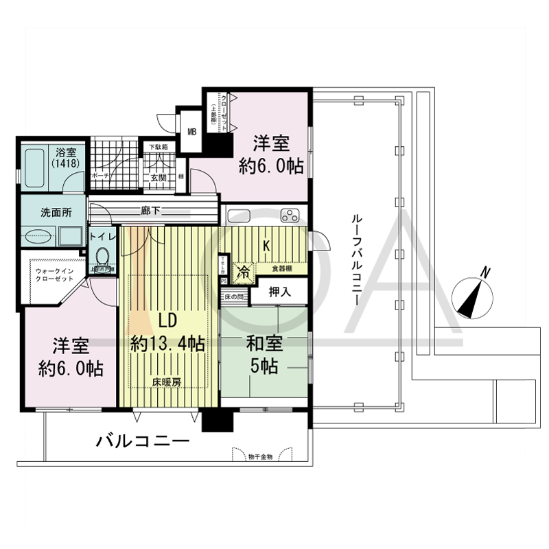 ワコーレアーバンヴュー熊内の間取り図 南・北東向き角住戸
３LDK　専有面積　70.16m2
バルコニー面積　12.55m2