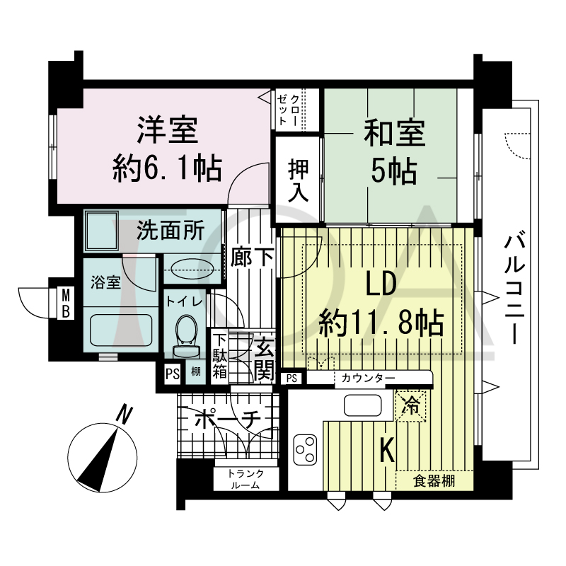 ワコーレアーバンヴュー熊内の間取り図 北東向き住戸
2LDK 専有面積　51.77m2
バルコニー面積　7.79m2