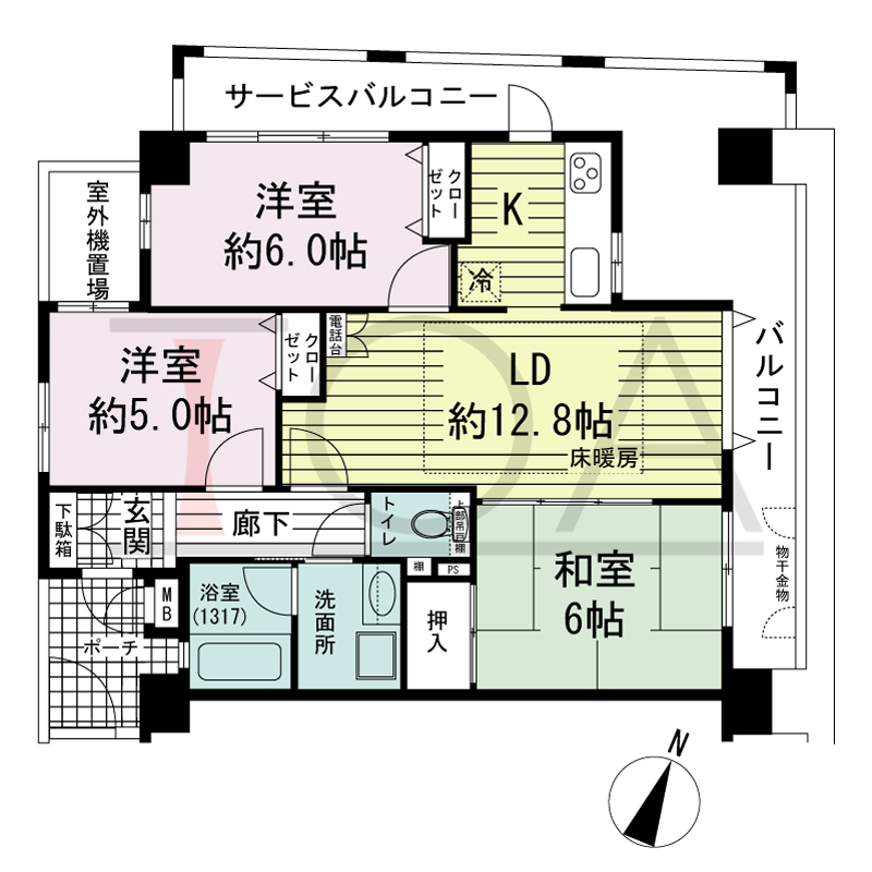 ワコーレアーバンヴュー熊内の間取り図 北東向き住戸
3LDK　専有面積　64.20m2
バルコニー面積　17.51m2