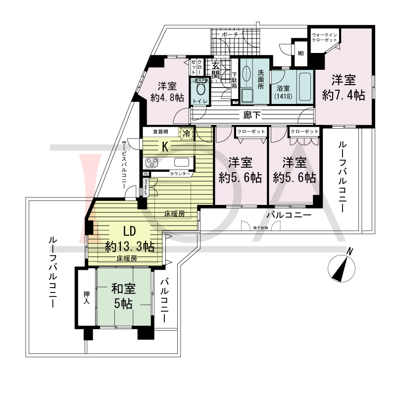 ワコーレアーバンヴュー熊内の間取り図 南西・東向き角住戸
5LDK 専有面積　101.01m2
バルコニー面積　7.14m2
サービスバルコニー面積　9.70m2