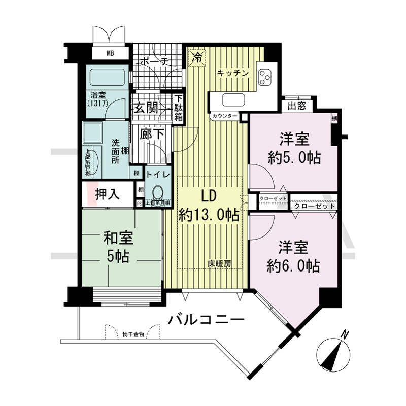 ワコーレアーバンヴュー熊内の間取り図 南向き住戸
３LDK　専有面積　68.33m2
バルコニー面積　11.68m2