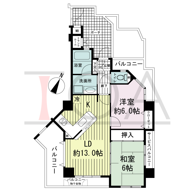 ワコーレアーバンヴュー熊内の間取り図 南東向き角住戸
2LDK 専有面積　57.46m2
バルコニー面積　10.24m2