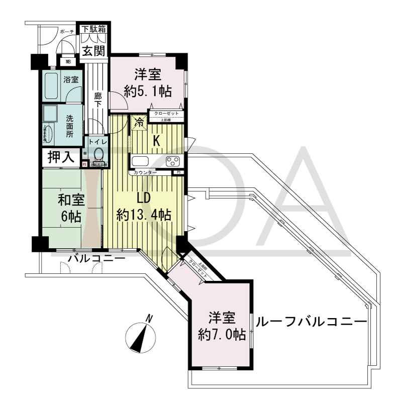 ワコーレアーバンヴュー熊内の間取り図 北向き角住戸
3LDK 専有面積　69.55m2
バルコニー面積　5.34m2