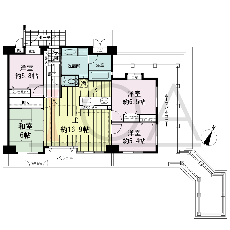 ワコーレアーバンヴュー熊内の間取り図 北東向き角住戸
4LDK 専有面積　87.97m2
バルコニー面積　14.16m2