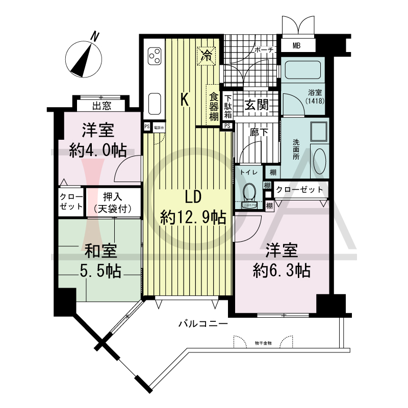 ワコーレアーバンヴュー熊内の間取り図 南東向き角住戸
3LDK 専有面積　62.40m2
バルコニー面積　10.57m2