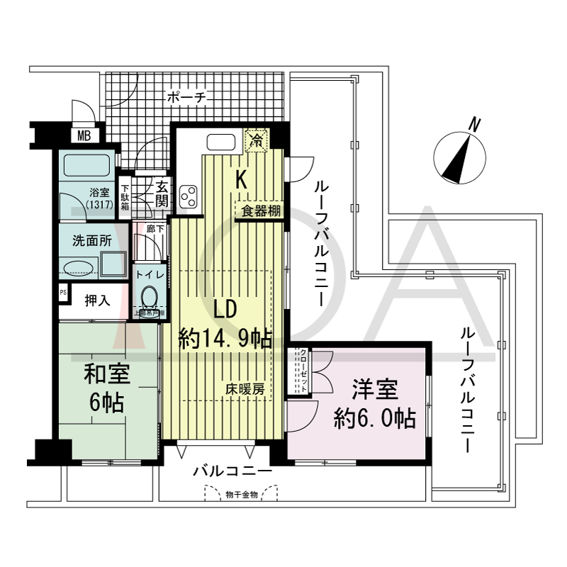 ワコーレアーバンヴュー熊内の間取り図 北東向き角住戸
2LDK 専有面積　56.77m2
バルコニー面積　9.98m2