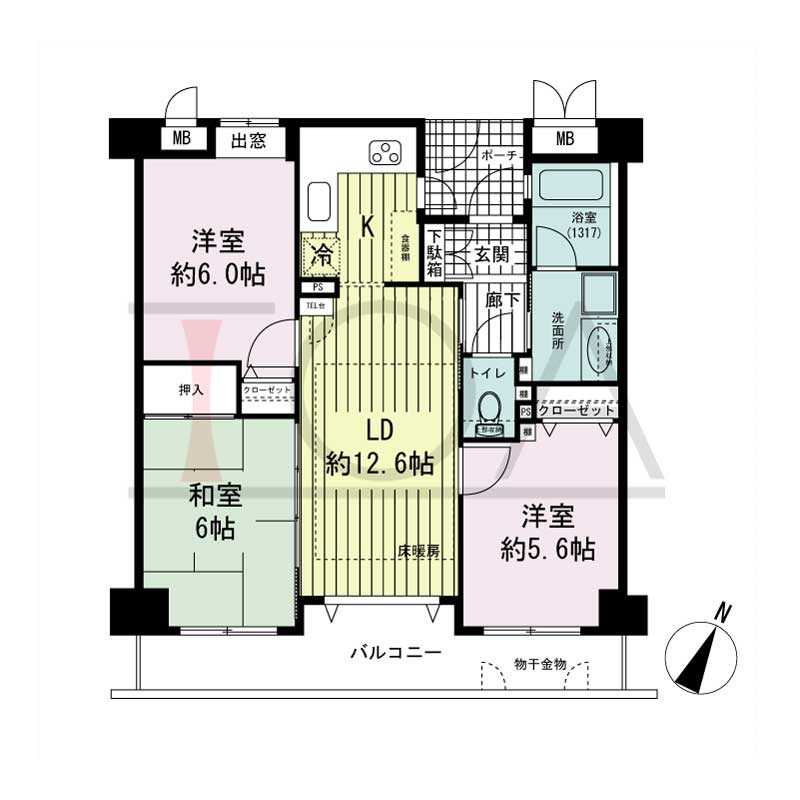 ワコーレアーバンヴュー熊内の間取り図 南向き住戸
3LDK 専有面積　64.42m2
バルコニー面積　10.32m2