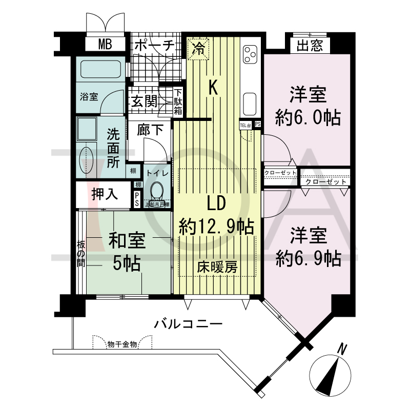 ワコーレアーバンヴュー熊内の間取り図 南向き住戸
3LDK 専有面積　65.36m2
バルコニー面積　11.68m2