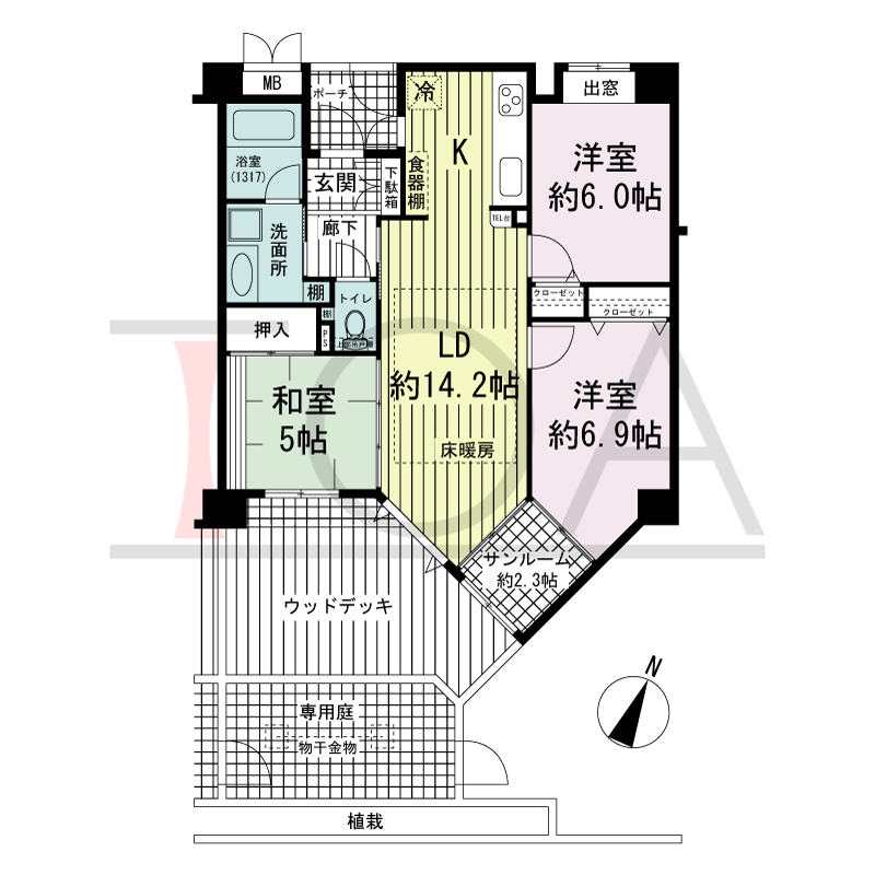 ワコーレアーバンヴュー熊内の間取り図 南向き住戸
3LDK 専有面積　71.25m2
ルーフテラス面積　28.81m2